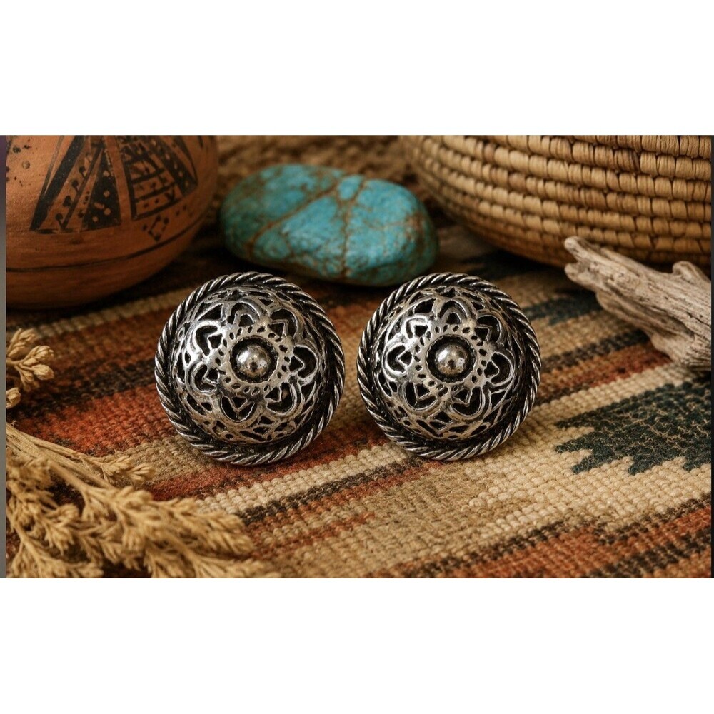 Vintage 1980s Silver Tone Clip Earrings Rope Border Round 1.25"